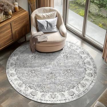 Imagem de jinchan Tapete redondo de 1,2 m Tapete de área persa interior vintage corredor circular tapete redondo 1,2 m redondo lavável tapete fino estampa floral antiderrapante com suporte de borracha para sala de estar sala de jantar quarto entrada cinza