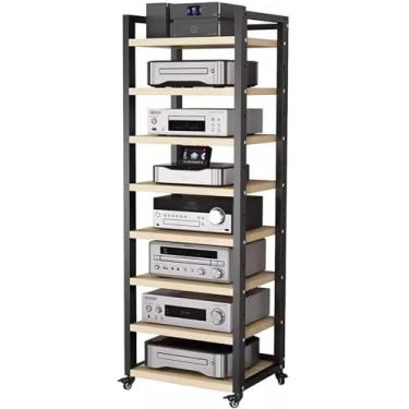 Imagem de Prateleira de áudio e vídeo armário de mídia com prateleira ajustável de altura e rodízios, rack de componentes estéreo para sala de estar para entretenimento no chão para espaço pequeno, preto nº 1,