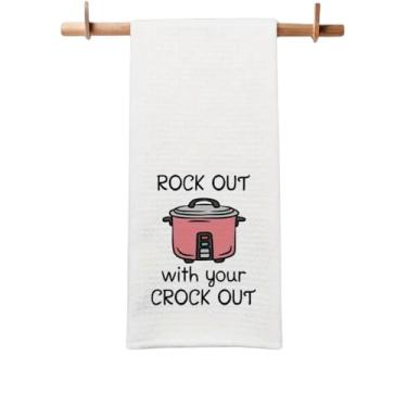 Imagem de Toalha de prato de cozinha engraçada, design Rock Out with Your Crock Out, toalha de chá de algodão branco