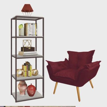 Imagem de Kit Poltrona Fatte com Estante Livreiro Ferro Marrom mdf Marmorizado Cinza Suede Bordô - Ahazzo Móveis