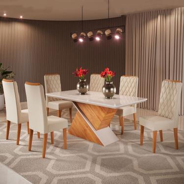 Imagem de Mesa De Jantar 6 Lugares Mira Com Vidro Mel/nude/off White - Viero Móveis