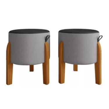 Imagem de Conjunto Puff, puf banqueta sala redondo pés em madeira tampo em couro