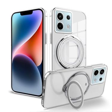 Imagem de Wousunly Capa compatível com Poco M6 Pro com suporte magnético transparente para Xiaomi Poco M6 Pro 4g capa protetora de silicone transparente com suporte sem fio à prova de choque luxuosa (prata)