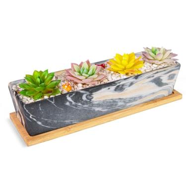 Imagem de Vasos de suculentas – Vasos grandes para suculentas de 30 cm com bandeja de drenagem, plantador de peitoril de janela, vasos de cerâmica retangulares longos para cactos de interior/plantas suculentas