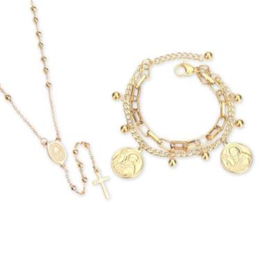 Imagem de Conjunto Feminino Medalha Eterna "São Bento" – Pulseira Ajustável + Colar Terço em Aço Cirúrgico 316L Banhado a Ouro 18K – Proteção Espiritual com Estilo e Fé – Acompanha Bolsa de Veludo