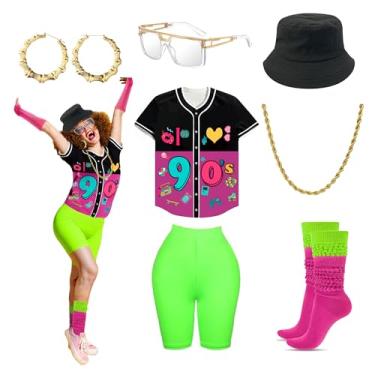 Imagem de Conjunto de acessórios femininos dos anos 80 anos 80, camisa de jérsei de beisebol, shorts neon, meias folgadas, faixa de cabeça, Beisebol - verde anos 90, 3G