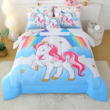 Imagem de JQinHome Jogo de cama completo de unicórnio para meninas e crianças, 8 peças em uma bolsa, céu branco, arco-íris, nuvens, tema de unicórnio, conjunto de edredom com jogo de lençol (branco)