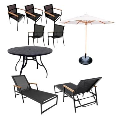 Imagem de Kit Moveis Piscina Conjunto Amélia Premium para Área Externa, Mesa Redonda Alumínio 1,20m, 5 Cadeiras, 2 Espreguiçadeiras em Tela Sling e Guarda Sol 3m com Base (Branco)