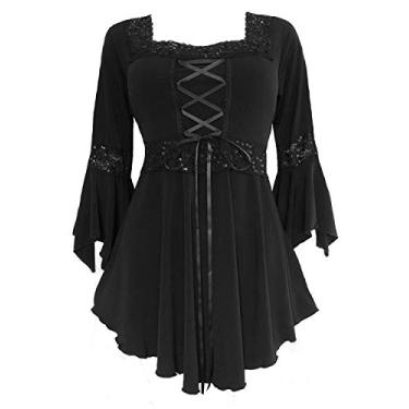 Imagem de Dare to Wear Espartilho renascentista: blusa feminina vitoriana gótica boho festival camponesa feira cosplay renda, Obsidiana, 2X