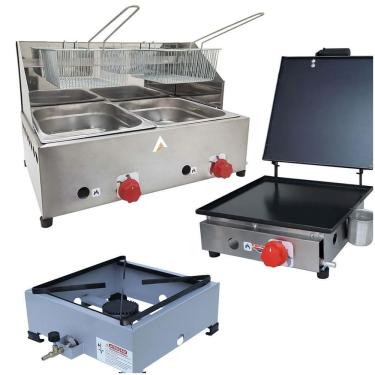 Imagem de Kit Lanchonete Fogão Portátil 1 Boca + Chapa 30cm Com Prensa E Fritadeira Profissional 2 Cubas Alcamar