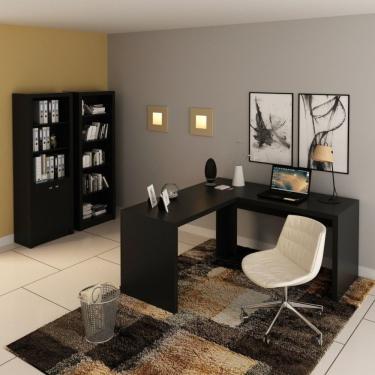 Imagem de Conjunto Home Office 3 Peças Com 1 Mesa Para Escritório Em L 2 Estantes Espresso Móveis Preto