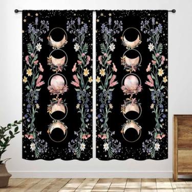 Imagem de Cortinas florais de lua boho, flores silvestres pretas góticas, flores de bruxa iluminadas pela lua, primavera, plantas de jardim, tratamentos de janela para quarto, sala de estar, cozinha, banheiro
