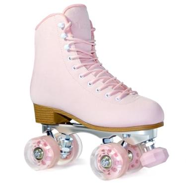 Imagem de Patins para mulheres ou homens com rolhas de borracha ajustáveis de altura retro camurça quadriciclo patins para exterior e interior (rosa, 9)