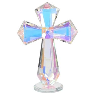 Imagem de PRETYZOOM Cruz de cristal em pé na base, ornamentos de cruz de vidro de 14 cm, peça central de mesa para festa religiosa, batismo, decoração de Páscoa