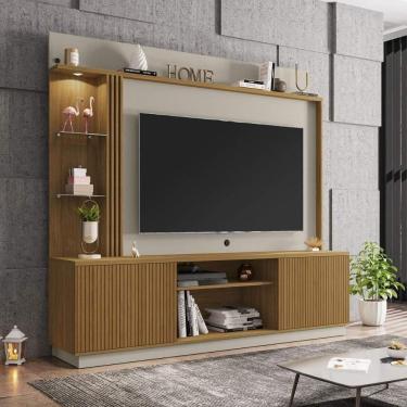 Imagem de Rack Com Painel Para Até 65 Polegadas Com Led Vidros E 2 Portas Multimóveis Cr45275 Cinamomo/off White/ripado