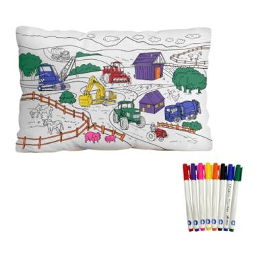 Imagem de Fkwergsy Capas de almofada para colorir para crianças Farm Desgin Coloring Fronha 76 x 50 cm Colora sua própria fronha personalizada com 8 peças canetas marcadoras para decoração suprimentos