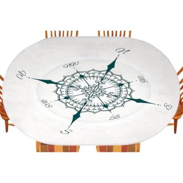 Imagem de Bússola oval elástica toalha de mesa, design de arranjo floral Windrose desenhada à mão, estampa de tema de barco, para decoração de mesa de jantar de cozinha, piquenique ao ar livre, serve para mesa