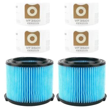 Imagem de 2 pacotes de substituição de filtro VF3500 compatível com Riged Shop Vac, filtro molhado/seco de 3 camadas + pacote com 4 sacos de vácuo VF3501, compatível com Riged Shop Vac 3-4,5 galões WD4070