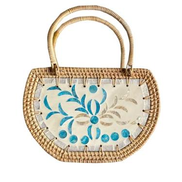 Imagem de SHAREYOIU Bolsas vintage feitas à mão em vime feitas à mão, estilo tropical de praia, Azul