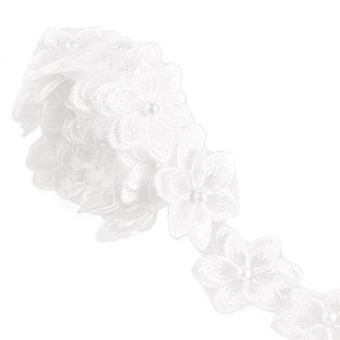 Imagem de Renda com Acabamento em Flor Branca, Fita de Renda Bordado Flor Organza Fita com Aplique Pérola 3D Artesanato Costura para Decoração Vestido Noiva Faça Você Mesmo