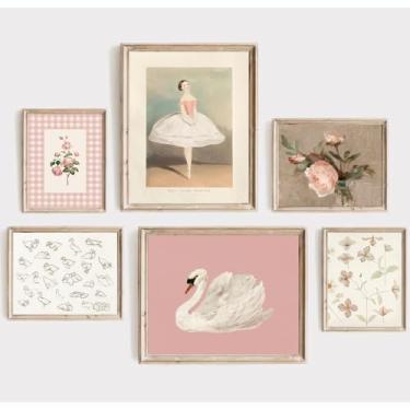 Imagem de Decoração de parede rosa para berçário, impressões de quarto de bebê menina, vintage, decoração de parede floral, fotos de quarto infantil, pinturas de flores de cisne rosa, arte para quarto de