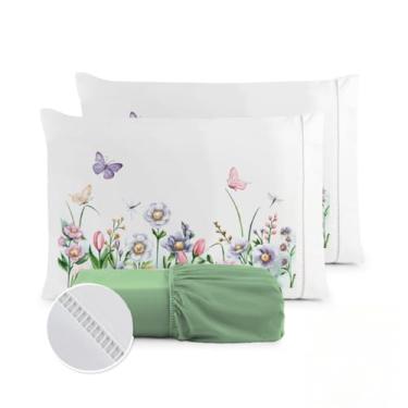 Imagem de Kit Jogo De Cama Estampado 400 Fios Ponto Palito(Borboleta Lençol Verde,Casal Queen 03 Peças)
