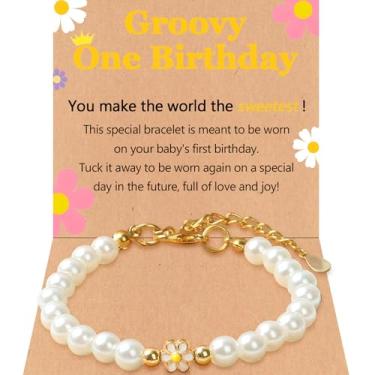 Imagem de Pulseiras Groovy para ela de 1 ano de idade - Pulseira de pérola branca, joia de pérola de aniversário de um ano ajustável, presentes de primeiro aniversário para sobrinha, filha, neta