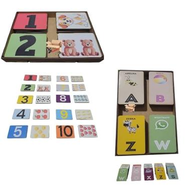Imagem de Kit Brinquedo Pedagógico Educativo Em Madeira Estojo Ligue Os Números + Alfabeto Ilustrado