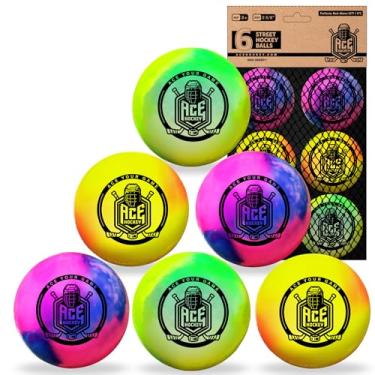 Imagem de ACE HOCKEY Bolas de Hóquei Rainbow Street – Pacote com 6 com bolsa de malha – Bolas para brincar ao ar livre sem salto para hóquei de rua, patins e mesas – Tamanho oficial 6 cm – Cores brilhantes de