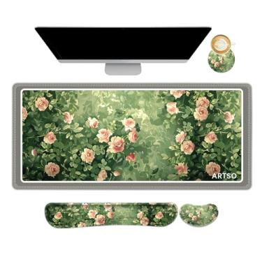 Imagem de ARTSO Conjunto de suporte de pulso com mouse floral rosa, tapete de mesa, 4 em 1 XXL grande mousepad + apoio de pulso para teclado + descanso de pulso para mouse + porta-copos combo com design