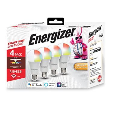Imagem de Pacote com 4 lâmpadas RGB brancas e multicoloridas Energizer Connect Smart A19 com controle de voz e acesso remoto através de seu smartphone | Compatível com Alexa e Google Assistant