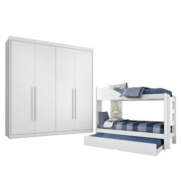 Imagem de Conjunto Treliche Solteiro Indy e Guarda Roupa Casal 4 Portas 4 Gavetas Bergame Branco