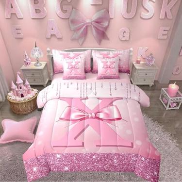 Imagem de Erosebridal Conjunto de edredom Queen com laço rosa Coquette com inicial X em uma bolsa com lençol de cima e lençol com elástico, 7 peças, exclusivo com estampa de gravata borboleta de diamante
