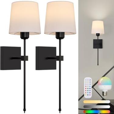 Imagem de Conjunto de 2 arandelas de parede operadas por bateria, luzes de parede pretas recarregáveis sem fio com lâmpadas RGB reguláveis, lâmpada de parede regulável de 15 cores com controle remoto para