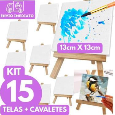 Imagem de Kit 15 Tela com Cavalete 13X13cm Artes Aquarela Pintura em Tela Ideal 