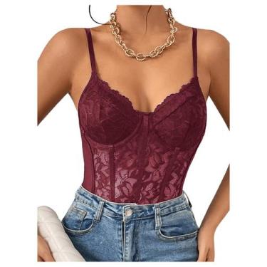 Imagem de Bodysuit Milumia, espartilho feminino de renda floral de malha transpa