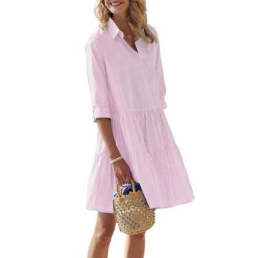 Imagem de Camisa, vestido feminino, chouyatou, listrado, com botões, rosa solto