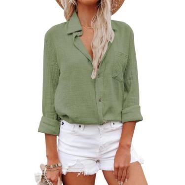 Imagem de Camisa feminina Aoudery de algodão com botões, manga comprida, verde o