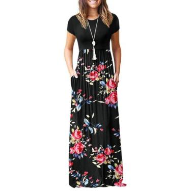 Imagem de Vestido maxi AUSELILY feminino de manga curta, solto, liso, preto M