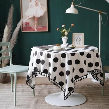 Imagem de Wuluwala Toalha de mesa quadrada pequena 100% algodão toalha de mesa de bolinhas com borlas arte moderna capa de mesa para piquenique, casamento, aniversário, decoração de festa de chá 139,7 x 139,7