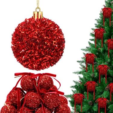 Imagem de Wesiti Conjunto de 24 conjuntos de enfeites de bola de Natal com glitter vermelho de 6 cm, 24 enfeites de bola de tinsel brilhantes à prova de estilhaçamento com 24 laços, decoração de árvore de Natal