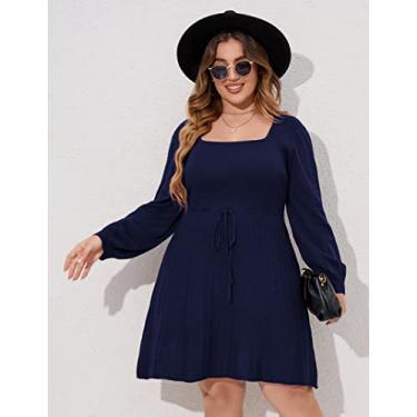 Imagem de ShopWonder Vestido suéter plus size feminino plus size A Line Wrap Sweater Dress em vestido suéter plus size outono, Azul1 com cinto, GG