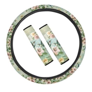 Imagem de Coldinair Capa universal para volante de carro e cinto de segurança de flores Hummingbird para a maioria dos carros, caminhões SUV para mulheres e meninas