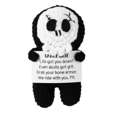 Imagem de Brinquedo Esqueleto de Halloween, Presente Caveira Positiva Brinquedo de lã Tricotada Boneca Crochê Fofa com Cartão Positivo para Decoração Halloween