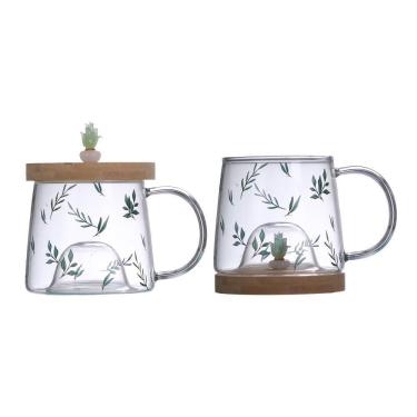 Imagem de Caneca Lyor Suculenta De Vidro Com Pires De Bambu 350Ml