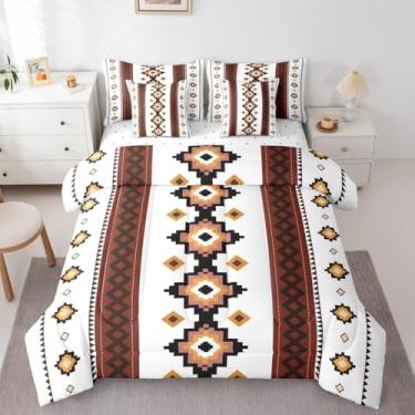 Imagem de Jogo de cama com edredom asteca boêmio, tamanho queen, étnico, retrô, exótico, estilo nórdico, branco, preto e marrom, 7 peças com lençol de cima, lençol de cima e fronhas