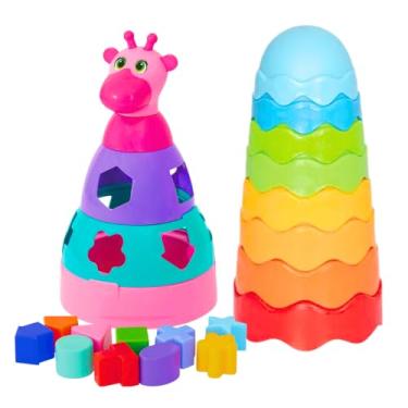 Imagem de Kit Brinquedo Educativo Infantil Bebê Girafa Encaixe Blocos Torre Empilhável Cores Formas Coordenação Motora Atividade Menina Rosa
