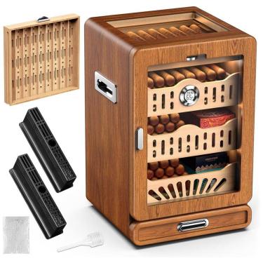 Imagem de Umidor de Charutos de Mesa, com Tampa de Vidro, 4 Prateleiras de Cedro Espanhol, 2 Umidificadores, 1 Higrômetro Digital.LIHTUN