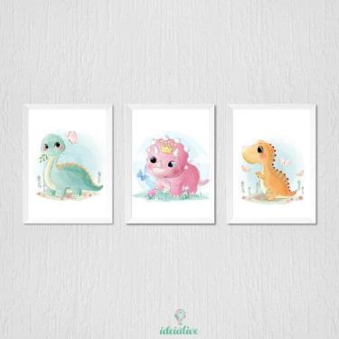 Imagem de Quadro Infantil Dinossauro Menina - 3 Quadros 23x33cm com Moldura Bran