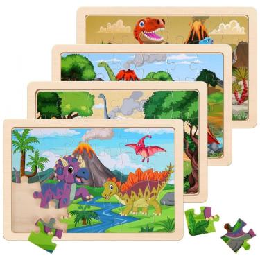 Imagem de Quebra-Cabeças de Dinossauro de Madeira para Crianças de 3 a 8 Anos - Conjunto com 4 Pacotes de 20 Peças, NASHRIO